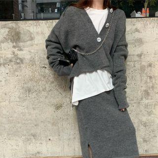 Long-sleeve Plain Split T-shirt / Long-sleeve Plain Cardigan + High-waist Plain Split Skirt