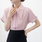 Short-sleeve Tie-neck Blouse / A-line Skirt