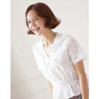 V-neck Smocked-waist Embroidered Top