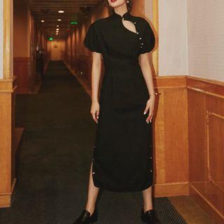 Puff-sleeve Cutout A-line Midi Dress