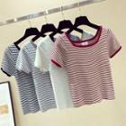 Short-sleeve Square-neck Striped Knit Top