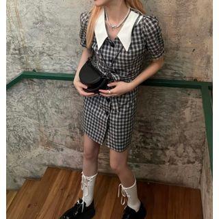 Short-sleeve Plaid Collar Tie-waist Midi Dress