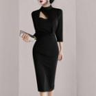 3/4-sleeve Cutout Mock-neck Midi Dress