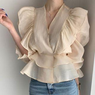 Puff-sleeve Ruffled Blouse Champagne - One Size