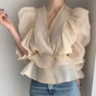 Puff-sleeve Ruffled Blouse Champagne - One Size