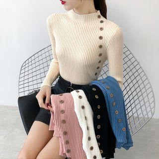 Long-sleeve Mock Neck Button Ribbed Knit Top