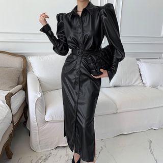 Puff-sleeve Lapel Faux Leather Elastic-waist Dress