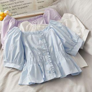 Wide-neck Ruffled-trim Crop Blouse