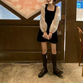 Square-neck Panel Velvet Long-sleeve Mini Dress