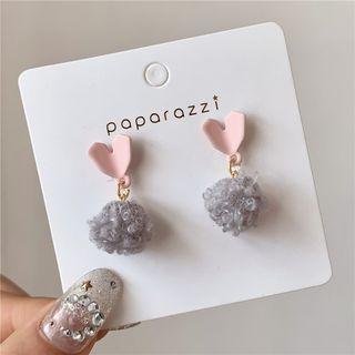 Heart Pom Pom Drop Earring 1 Pair - Pink & Gray - One Size