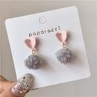 Heart Pom Pom Drop Earring 1 Pair - Pink & Gray - One Size
