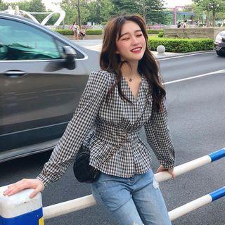 Plaid Peplum Blouse Black & White - One Size