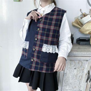 Plaid Button Vest / Midi A-line Plaid Skirt / Set