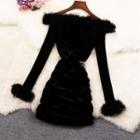 Faux Fur Trim Rhinestone Lace Up Ruched Mini Dress