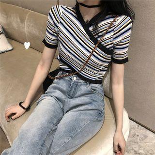 V-neck Cross Stripe Short-sleeve Top