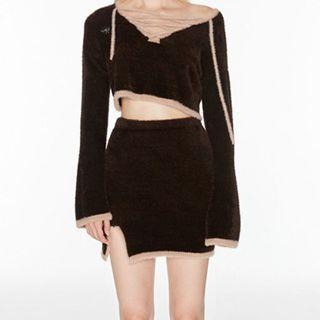 Long-sleeve Lace-up Crop T-shirt / A-line Skirt