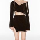 Long-sleeve Lace-up Crop T-shirt / A-line Skirt