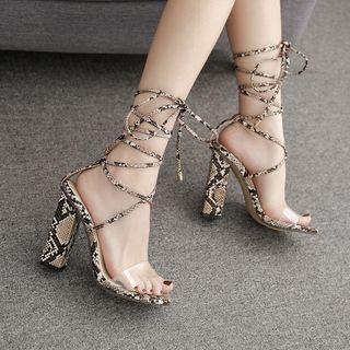 Block Heel Leopard Print Lace-up Sandals