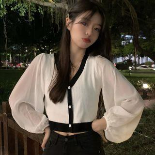 Chiffon Cropped V-neck Knit Top