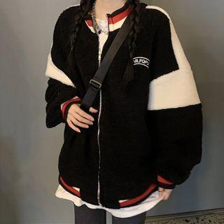 Furry Paneled Zip Jacket Black - One Size