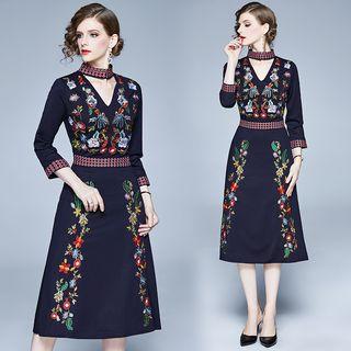 Choker-neck Long-sleeve Floral Embroidered Midi A-line Dress