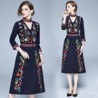 Choker-neck Long-sleeve Floral Embroidered Midi A-line Dress