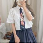 Short-sleeve Shirt / Cat Print Neck Tie / Midi A-line Skirt / Set