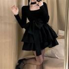 Choker-neck Long-sleeve A-line Dress Black - One Size