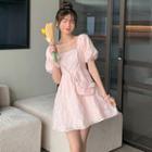 Puff-sleeve Square-neck Printed Dress