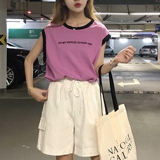 Set: Sleeveless Lettering T-shirt + Drawstring Wide-leg Shorts