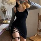 Set: Long-sleeve Plain Shawl + Sleeveless Mini Dress Black & Gray - One Size