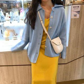 Buttoned Cardigan / Spaghetti-strap Midi Dress