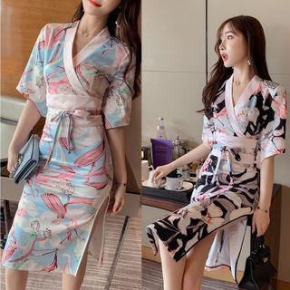 Elbow-sleeve Printed Slit Midi Sheath Dress