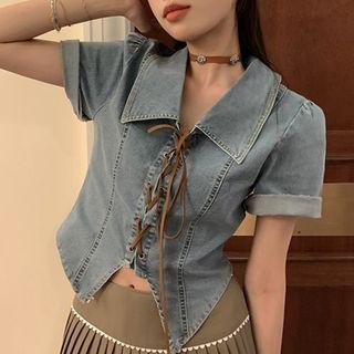 Short-sleeve Collar Lace Up Denim Shirt