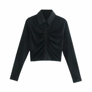Shirred Long-sleeve Polo Shirt