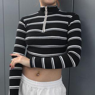 Mock-turtleneck Long-sleeved Striped Slim Zip Top