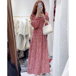Puff-sleeve Floral Print Corduroy Midi Dress