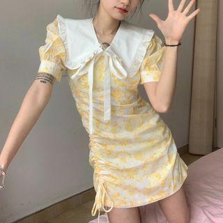 Short-sleeve Collar Floral Mini Sheath Dress