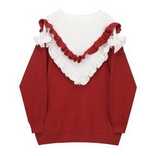 Ruffled Two-tone V-neck Sweater Red - One Size