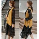 Long-sleeve Dotted Midi A-line Dress / Knit Vest