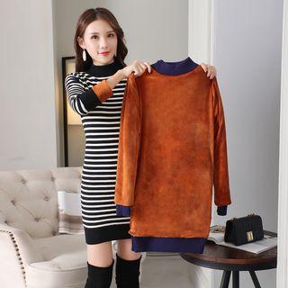 Fleece-lined Mock Neck Striped Mini Bodycon Sweater Dress