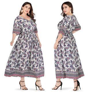 Plus Size Elbow-sleeve Floral Print Midi A-line Dress