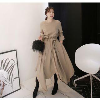 Tie-waist Asymmetric-hem Maxi Flare Dress