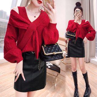 Set: Cold Shoulder Sweater + Faux Leather Skirt