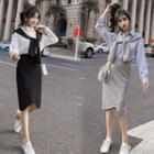 Set: Long-sleeve Paneled Shirt + Midi Fitted Skirt