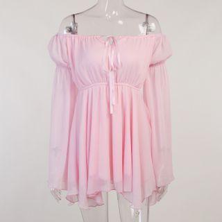 Bell-sleeve Off-shoulder Blouse / Lace-up Corset Belt / Set