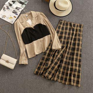Set: Color Block Shirt + Pleated Midi A-line Skirt