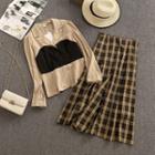 Set: Color Block Shirt + Pleated Midi A-line Skirt