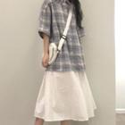 Elbow-sleeve Plaid Shirt / Plain A-line Midi Skirt