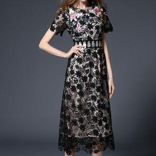 Crochet Lace Short-sleeve Midi A-line Dress